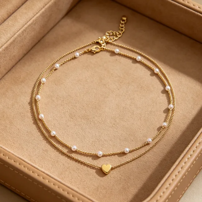 Heart Beaded Layered Chain Necklace Stainless Steel Necklaces for Women Dainty Double Layer Elegant Wedding Bridal Wholesale Jewelry view 3