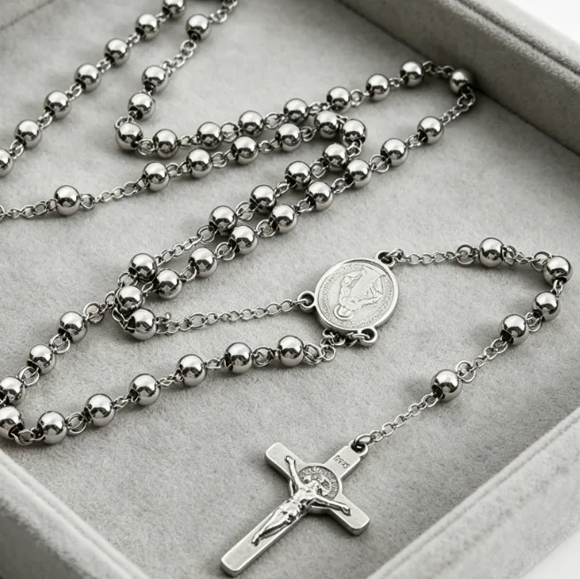 Rosary Beaded Cross Pendant Stainless Steel Necklaces for Men Religious Christian Catholic Prayer Vintage Punk Bold Necklace view 2