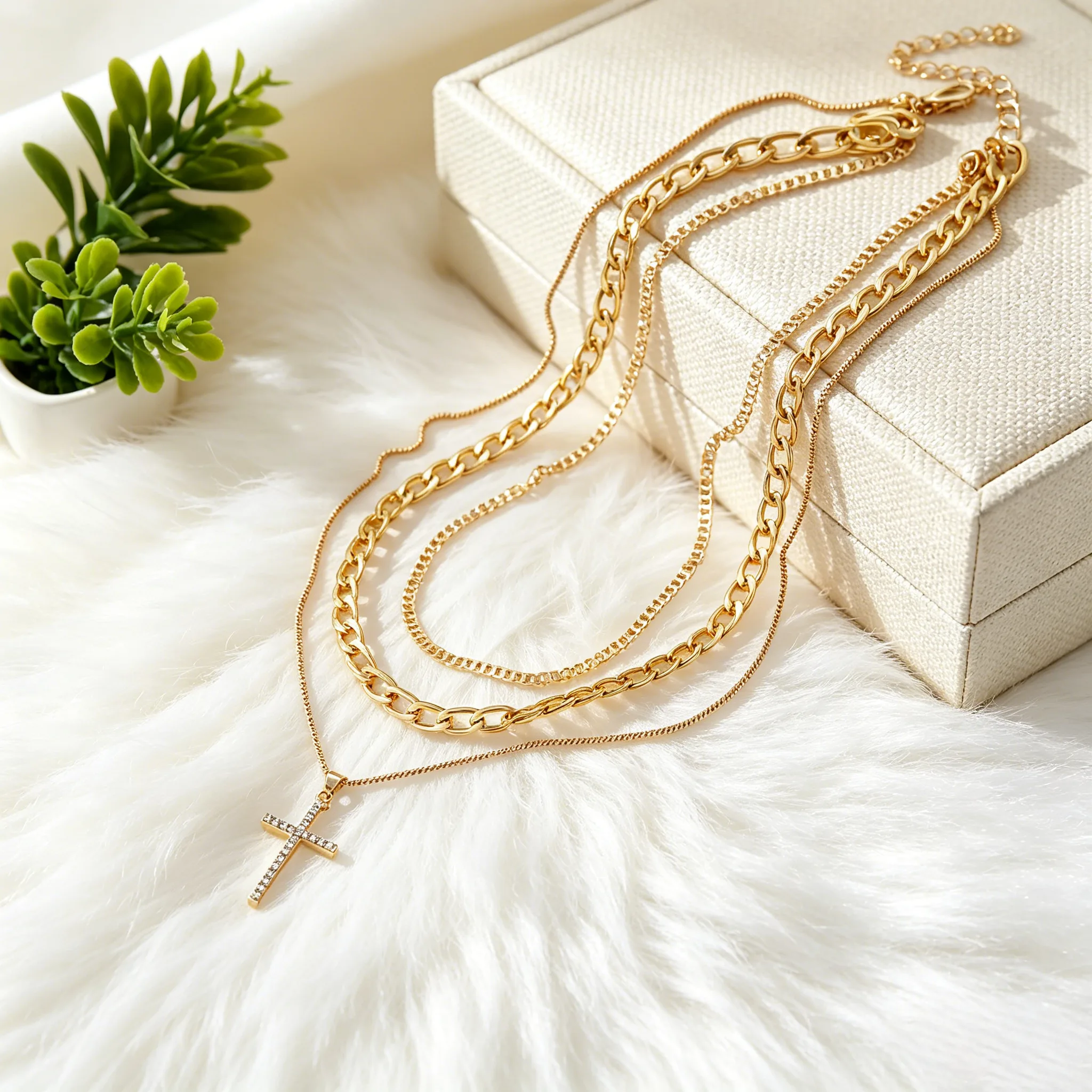 Women Three Layer Figaro Thin Chain Full Rhinestone Cross Pendant Necklaces Golden Cool Trendy Stackable Hip Hop Fashion jewelry