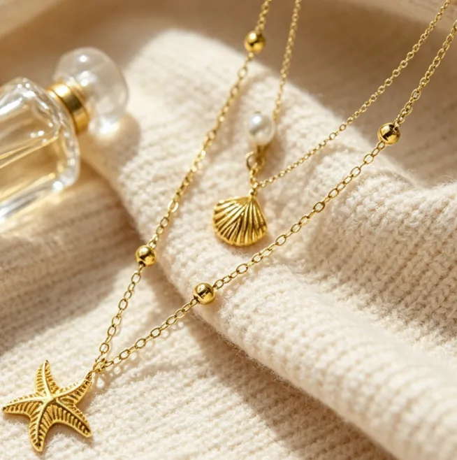 Starfish Shell Layered Pendant Necklaces for Women Beaded Ocean Beach Summer Boho Vacation Dainty Aesthetic Sea Jewelry view 2