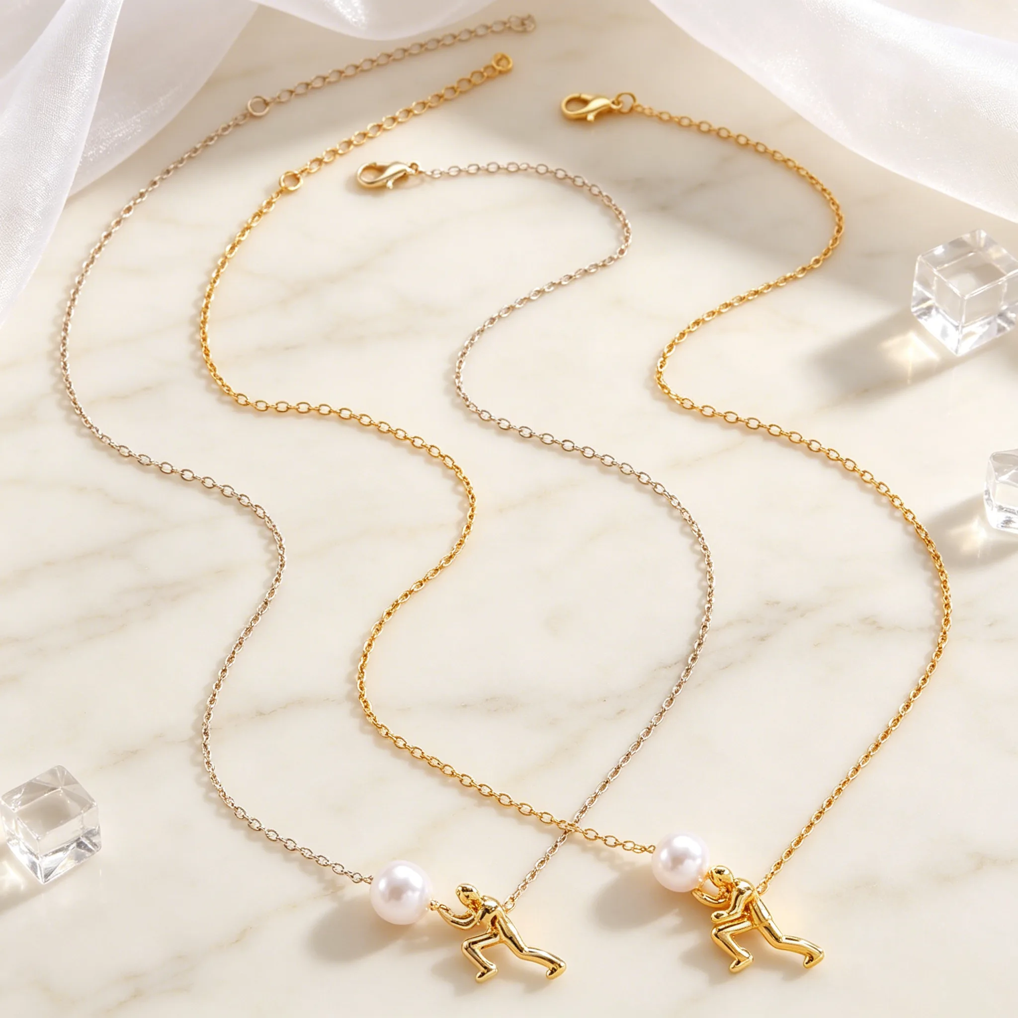 Abstract Tiny Human Lifting Freshwater Pearl Pendant Thin Chain Necklaces Gold Silver Tone Minimal Artistic Dainty Trendy Women Designer Jewelry