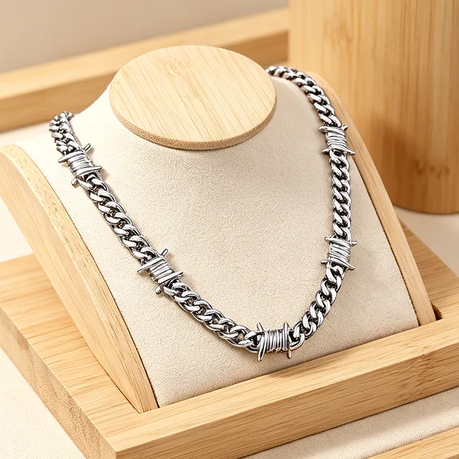 Wholesale Barbed Wire Cuban Curb Link Chain Necklace Stainless Steel Men Jewelry Hip Hop Punk Gothic Streetwear Thorns Jewelry view 3