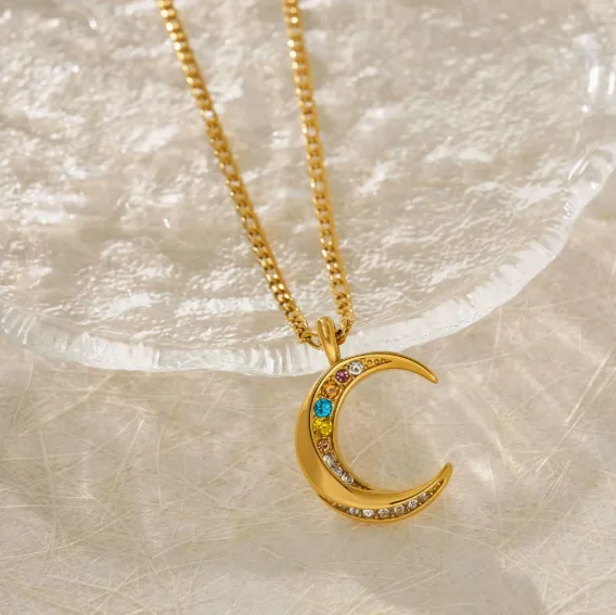 Hypoallergenic Waterproof Anti-Tarnish Titanium Steel 18K Gold Plated Colorful Crystal Crescent Moon Pendant Thin Chain Daily Ins Women Clavicle Necklaces view 3