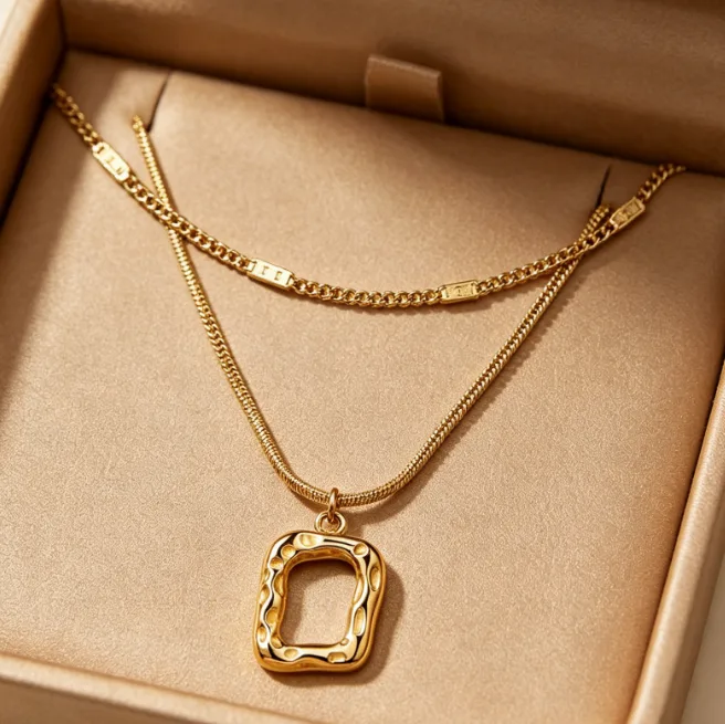 Wholesale Layered Square Pendant Stainless Steel Snake Chain Necklaces for Women Geometric Dainty Minimalist Boho Aesthetic view 3