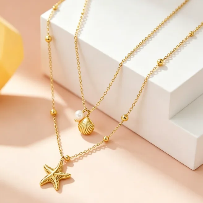 Starfish Shell Pearl Pendant Necklace Stainless Steel Layered Necklaces for Women Ocean Beach Bohemian Jewelry Dainty Boho view 2