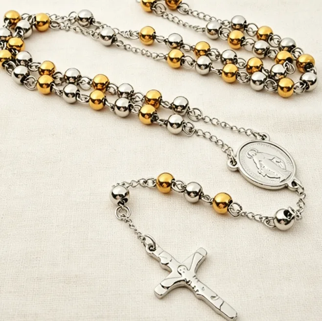 Rosary Beaded Cross Pendant Stainless Steel Necklaces for Men Religious Christian Catholic Prayer Vintage Punk Bold Necklace