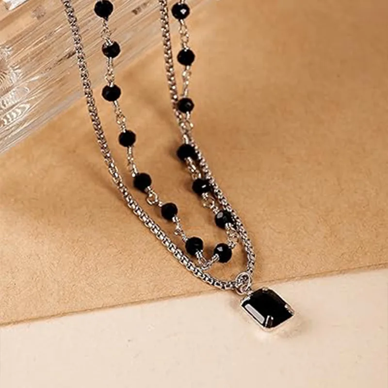 Black Gemstone Layered Necklaces for Women Beaded Crystal Dainty Gothic Punk Statement Vintage Grunge Cool Jewelry view 2