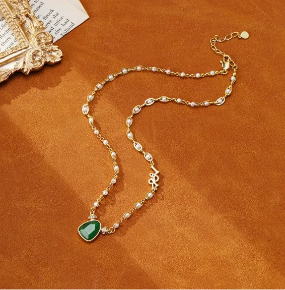 Natural Green Stone Imitation Pearl Inlaid Thin Link Chain Pendant Retro Necklaces Jewelry for Women