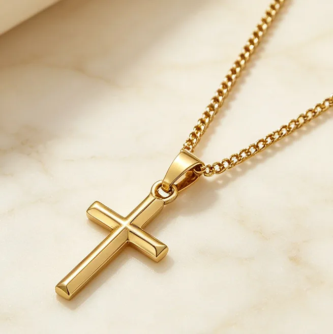 Cross Pendant Necklace 18K Gold Plated Stainless Steel Chain Mens Religious Jewelry Hip Hop Faith Christian Trendy Wholesale Jewelry view 2