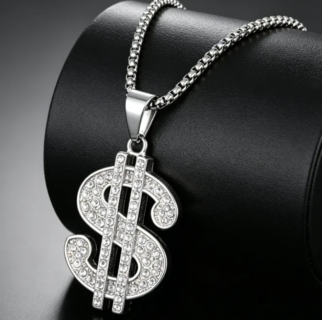 Dollar Sign Money Symbol Pendant Necklace Stainless Steel Box Chain Hip Hop Rapper Punk Mens Womens Lucky Charms Wholesale Jewelry view 3