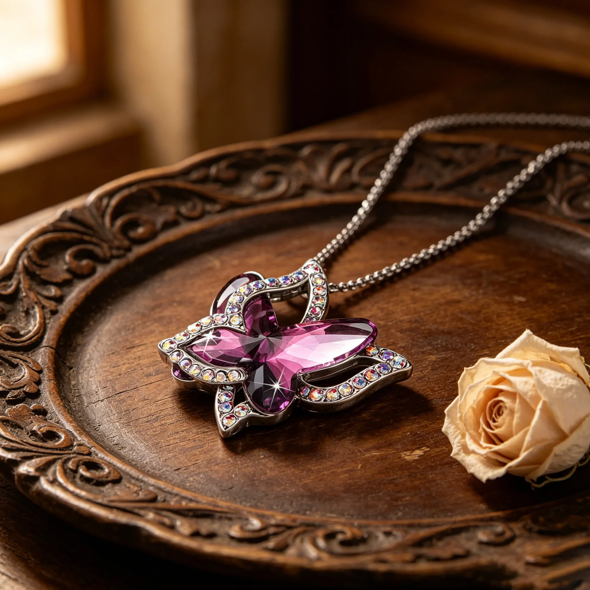Multi Color Birthstone Crystal Butterfly Pendant Necklaces Sparkly Rhinestone Hollow Animal Charm Dainty fancy jewelry for ladies Women Gift view 3
