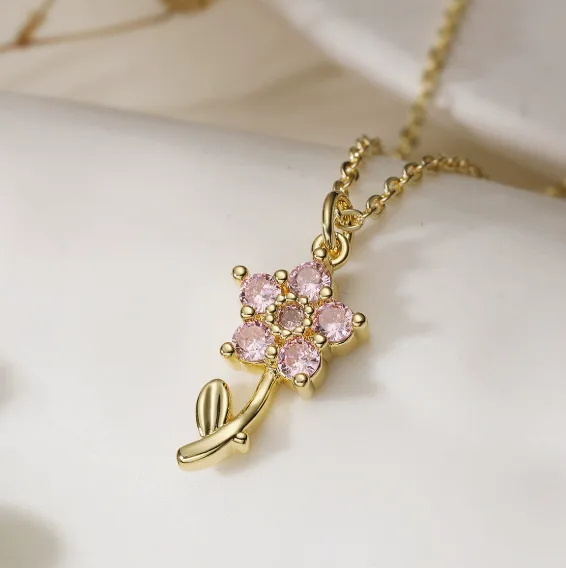 18K Gold Plated Sparkly Multi Zircon Rose Floral Pendant Thin Link Chain Necklaces Gold Tone Vintage Elegant Dainty Versatile Women Daily Fashion Jewelry view 3
