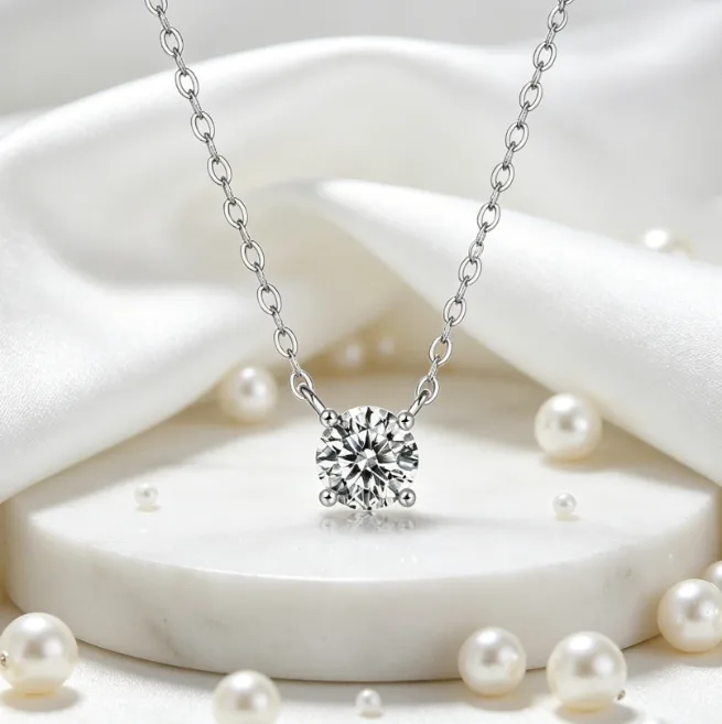 Solitaire Cubic Zirconia Pendant Necklace 18K Gold Plated Stainless Steel Round CZ Dainty Necklaces for Women Wedding Trendy view 3