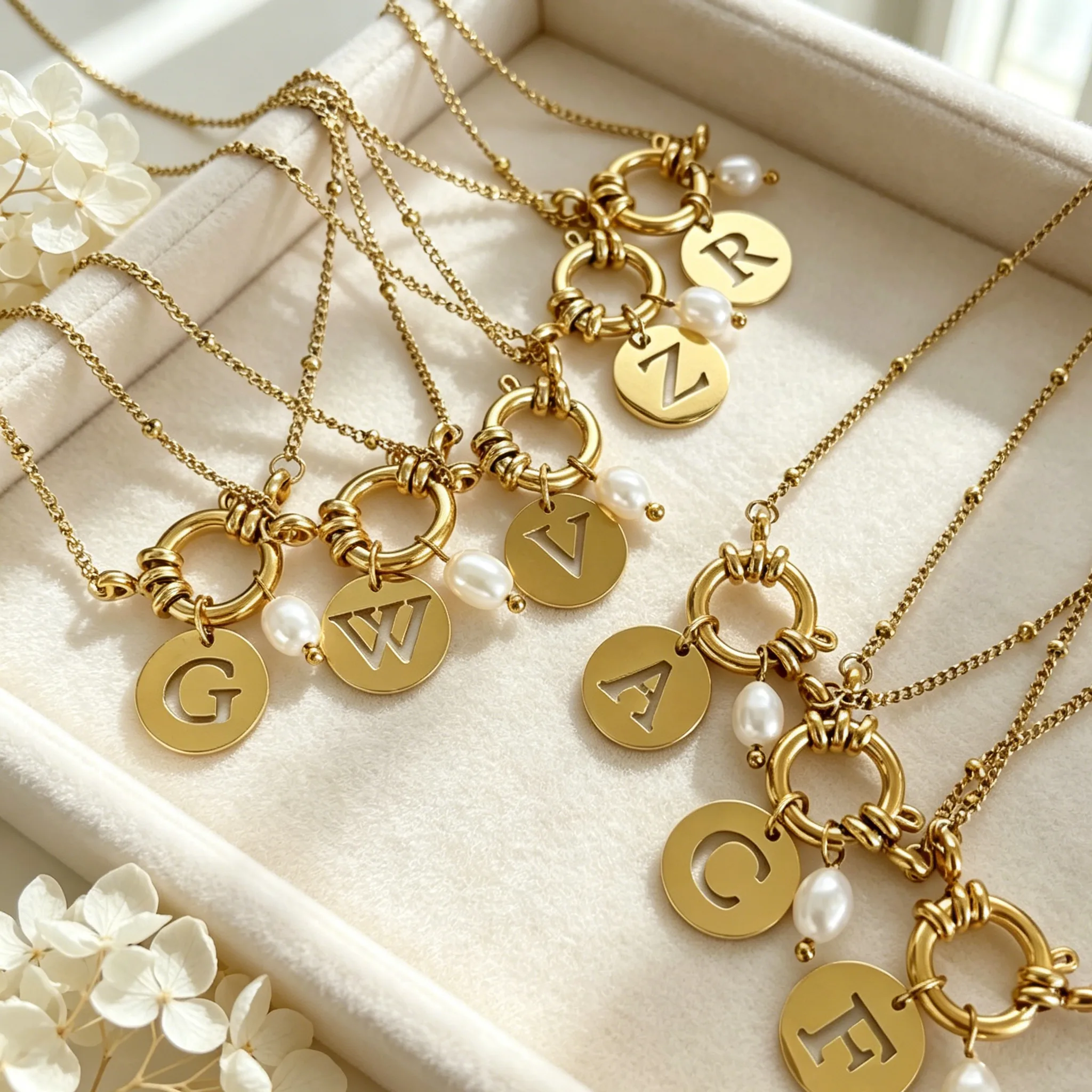 Waterproof Hypoallergenic Anti-Tarnish Stainless Steel Toggle Clasp Initial Disc Freshwater Pearl Beaded Chain Personalized Women A-Z Letter Necklaces