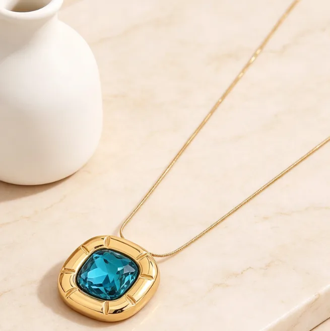 Square Blue Zircon Pendant Necklace 18K Gold Plated Stainless Steel Snake Chain Necklaces for Women Statement Trendy Jewelry view 2