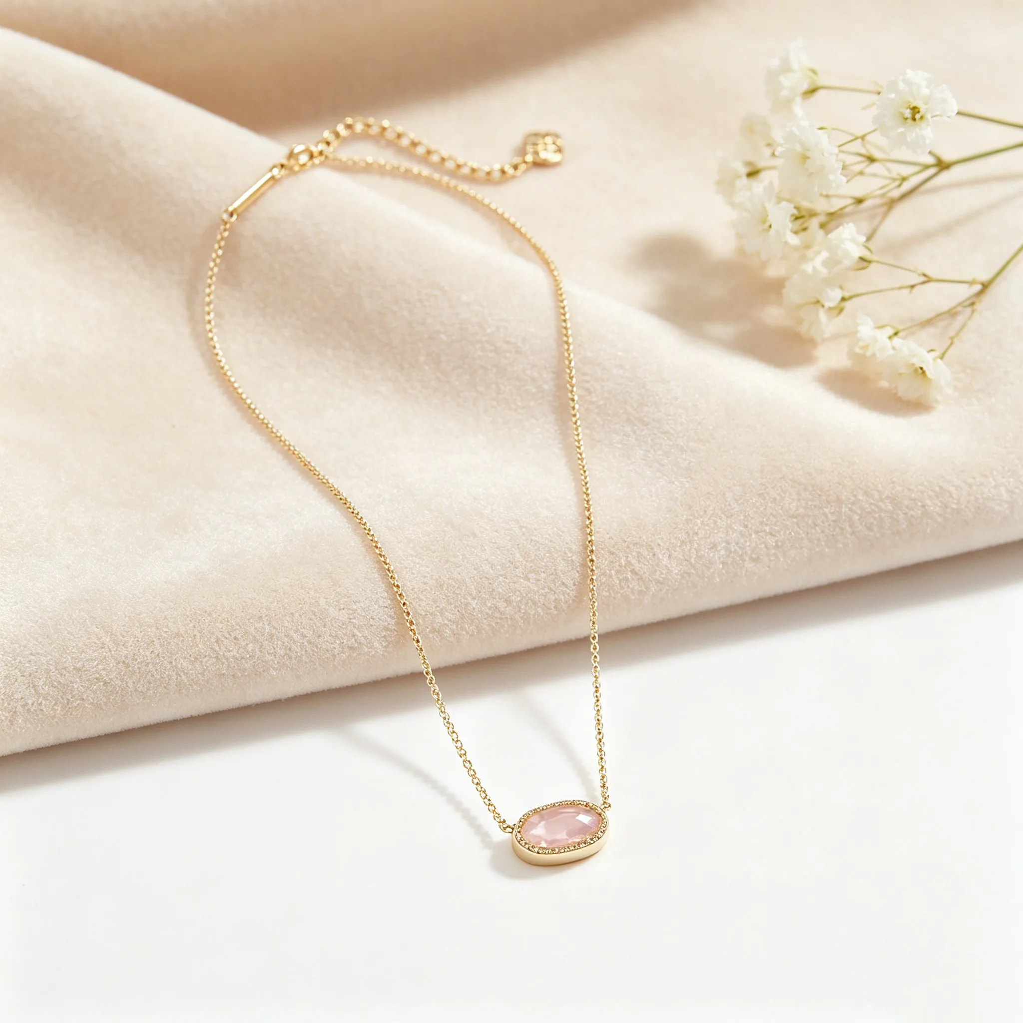 18K Gold Plated Oval Pink Gemstone Prong Pendant Dainty Women Fashion Necklaces Hypoallergenic Waterproof Anti-Tarnish Stainless Steel Jewelry