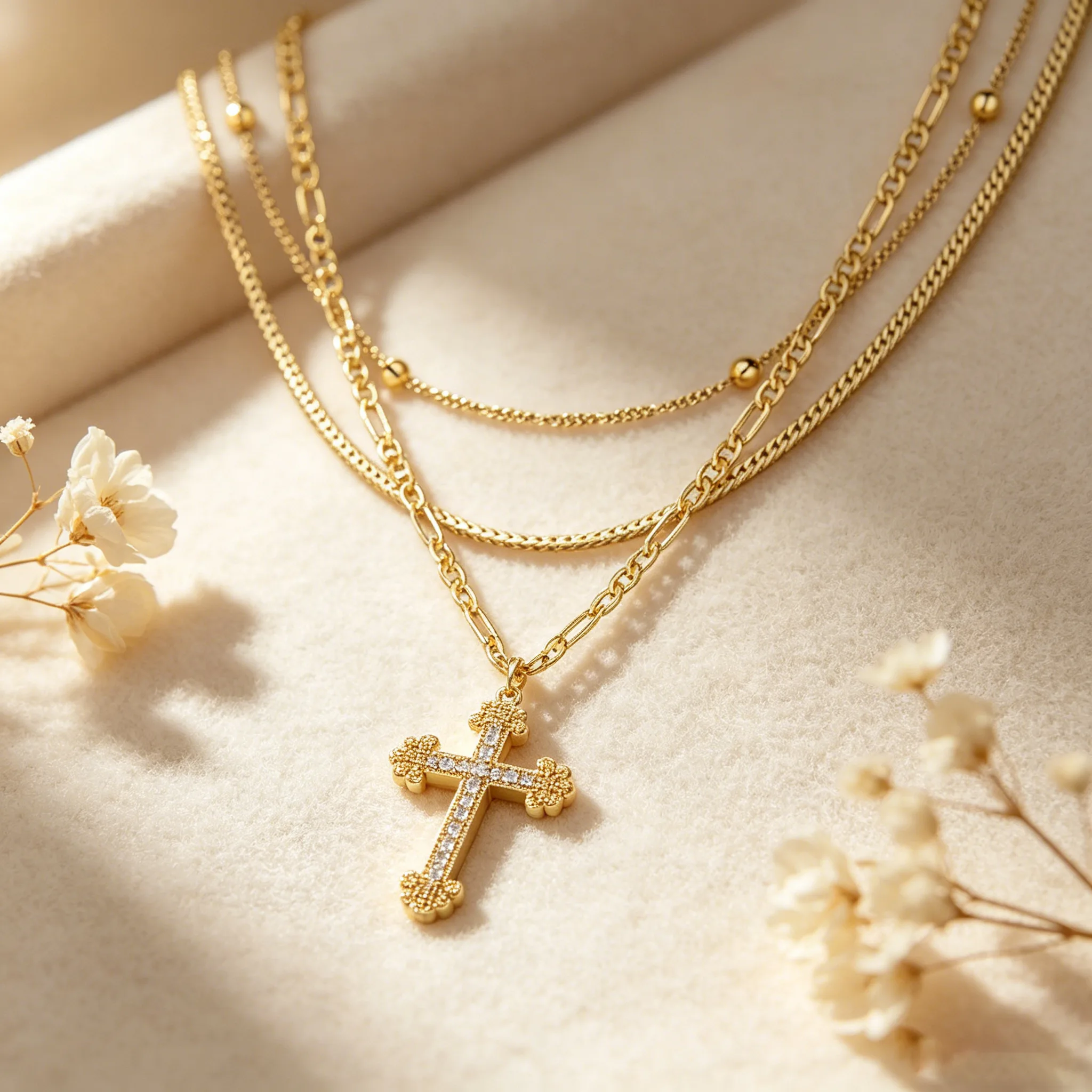 Anti-Tarnish Stainless Steel jewelry Multi Layer Figaro Snake Beaded Chain Zircon Cross Pendant Gold Tone Stackable Women Religious Necklaces