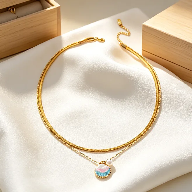 Boho Layered Enamel Shell Pearl Pendant Necklace Stainless Steel Herringbone Chain Necklaces for Women Fashion Ocean Beach Jewelry