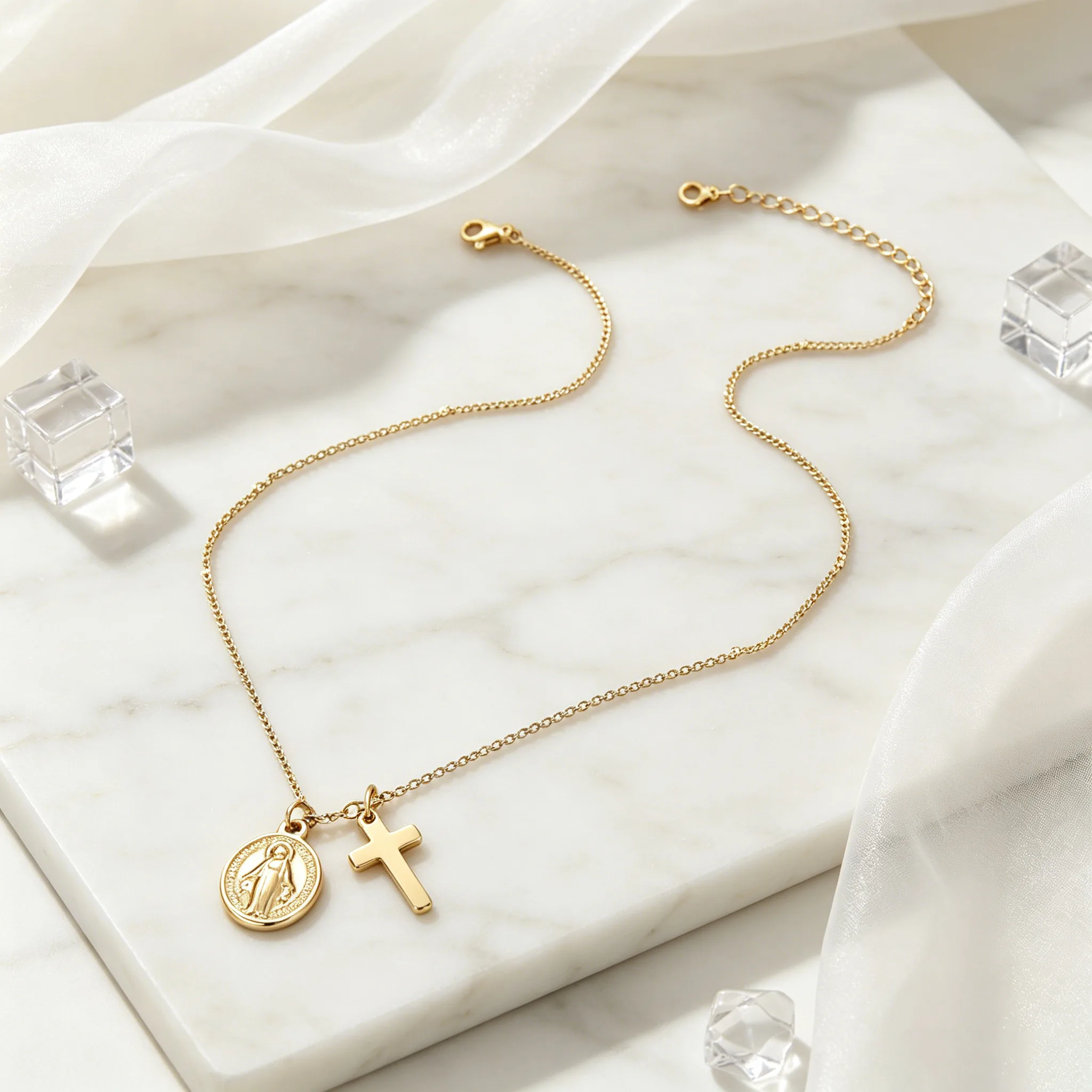Hypoallergenic Waterproof Anti Tarnish Stainless Steel Virgin Mary Coin Cross Pendant Adjustable Chain Jewelry for Women