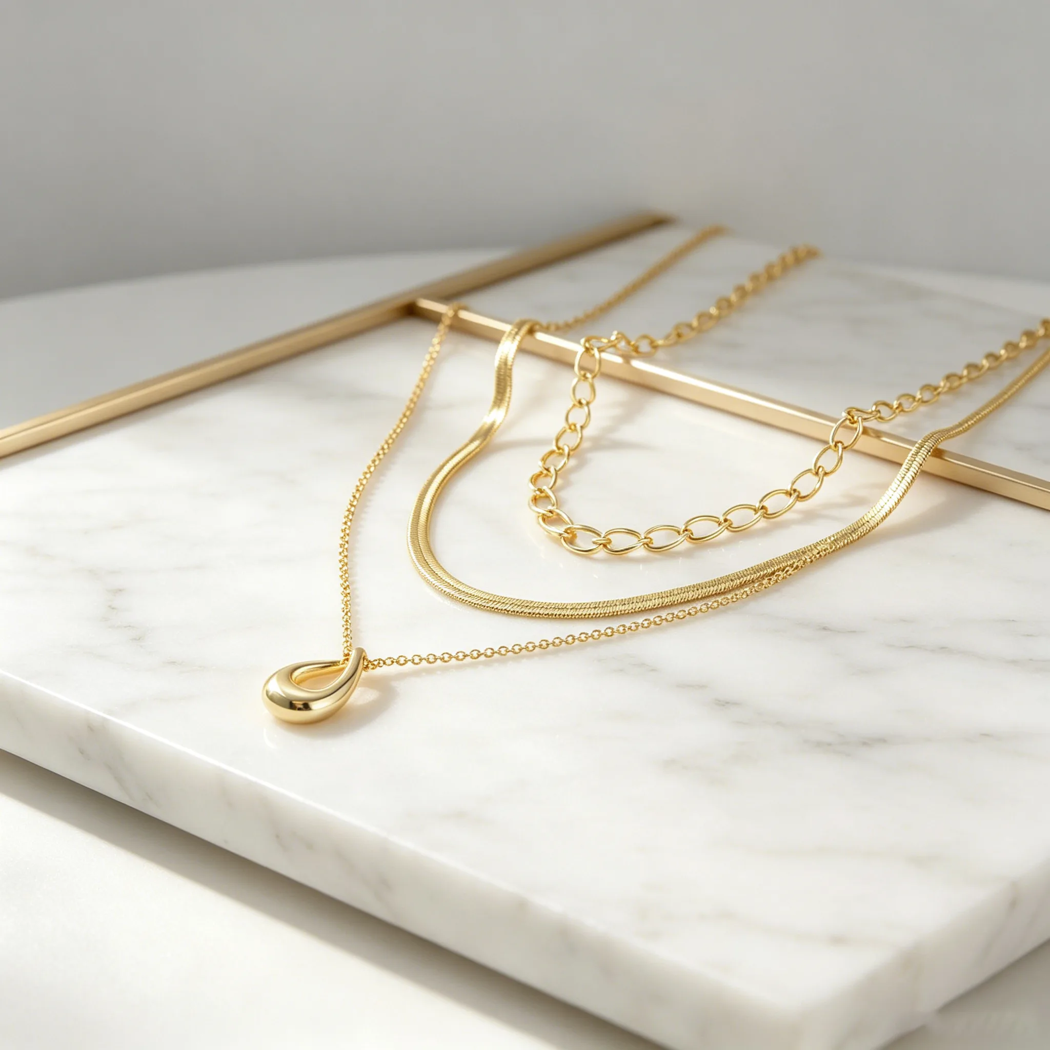 Three Layer Paperclip Flat Snake Teardrop Pendant Women Necklaces Golden fashion Vintage Minimal Daily Stackable jewelry view 2