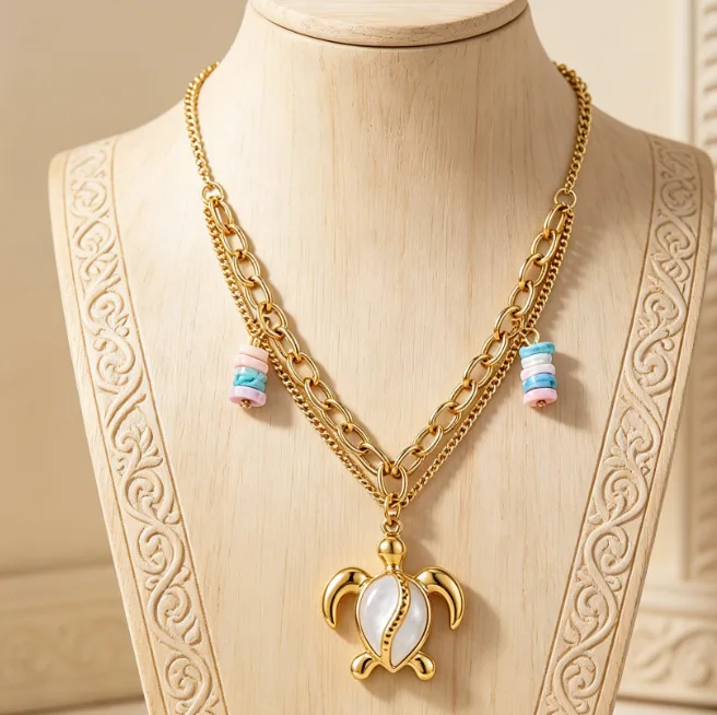 Sea Turtle Pendant Boho Layered Necklace Stainless Steel Imitation Pearl Shell Necklaces for Women Ocean Beach Bohemian Jewelry
