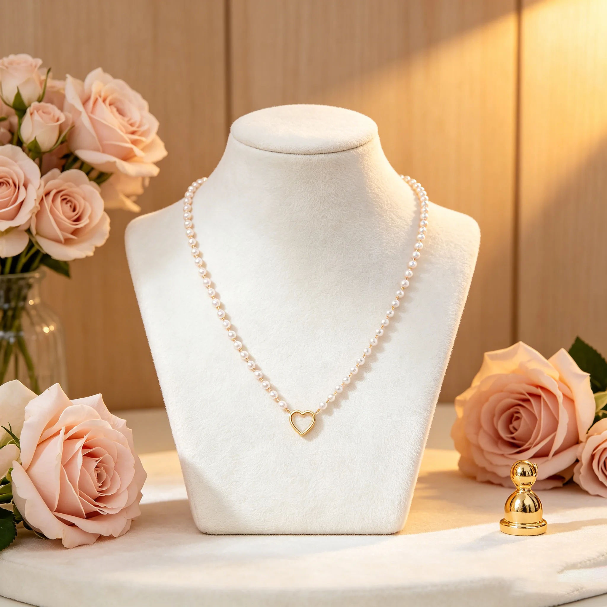 Single Strand Imitation Pearl Chain Hollow Outline Heart Pendant Gold Tone Sweet Elegant Women Daily Clavicle Necklaces for girls gift view 3