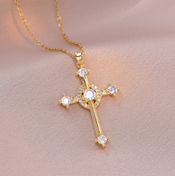 Wholesale Hypoallergenic Waterproof Anti-Tarnish Stainless Steel Chain Sparkly Zircon Geometric Cross Pendant Dainty Women Faith Clavicle Jewelry view 2