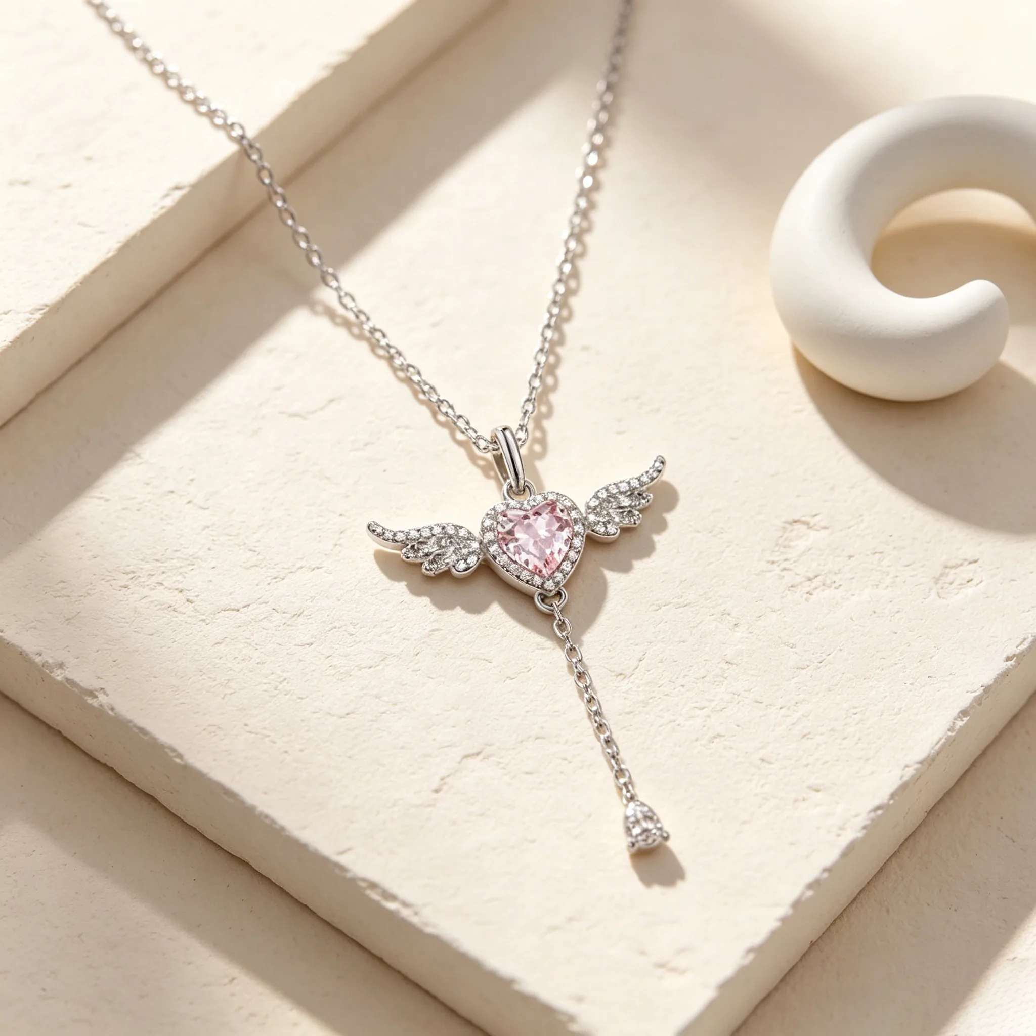 Sparkly Pink Zircon Winged Heart Tassel Pendant Thin Chain Necklaces Silver Tone Romantic Cute Dainty Dating Fashion Jewelry for Women view 2