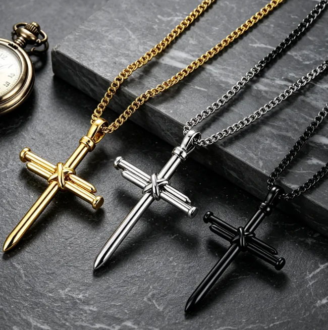 Vintage Nail Cross Pendant Necklace Stainless Steel Box Chain Religious Christian Faith Necklace Hip Hop Punk Jewelry for Women Men view 2