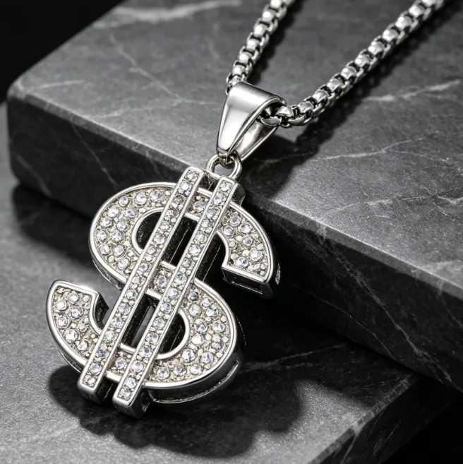 Dollar Sign Money Symbol Pendant Necklace Stainless Steel Box Chain Hip Hop Rapper Punk Mens Womens Lucky Charms Wholesale Jewelry view 2