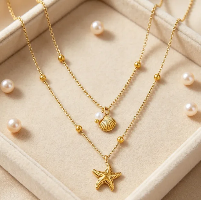 Starfish Shell Layered Pendant Necklaces for Women Beaded Ocean Beach Summer Boho Vacation Dainty Aesthetic Sea Jewelry view 3