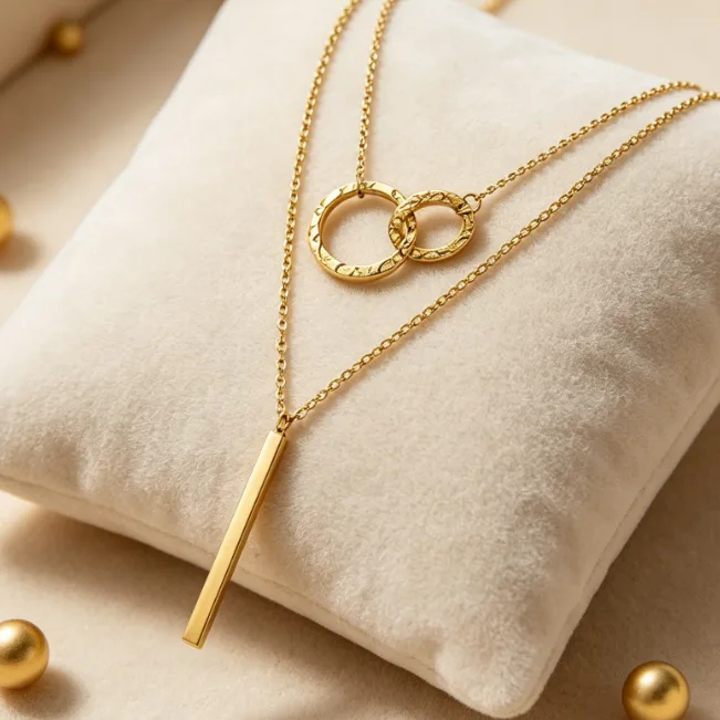 Wholesale Double Circle Bar Layered Stainless Steel Necklaces for Women Hammered Geometric Dainty Minimalist Boho Jewelry view 2