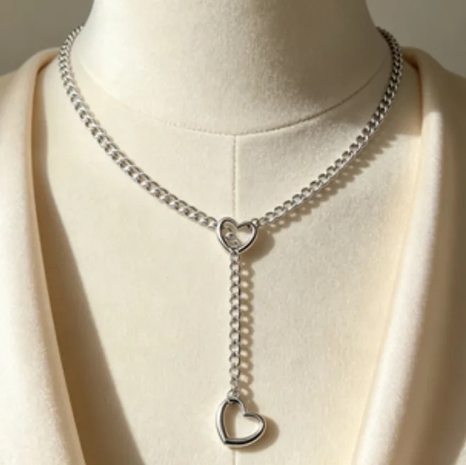 Heart Lariat Necklace Stainless Steel Curb Chain Y Necklace Open Heart Charm Dainty Necklaces for Women Wedding Bridesmaid view 2