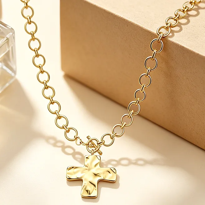 Hammered Cross Pendant Toggle Stainless Steel Chunky Chain Necklaces for Women OT Statement Religious Streetwear Necklace