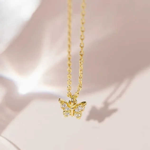 Shiny Micro Paved Zircon Tiny Butterfly Pendant Stackable Necklaces Silver Tone Dainty Minimalist Jewelry for Women Daily Gift