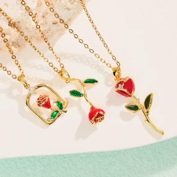 Glossy Enamel Red Rose Floral Pendant Thin Cable Chain Necklaces Golden Minimal Romantic Dainty DIY Layering Women Daily Fashion Jewelry