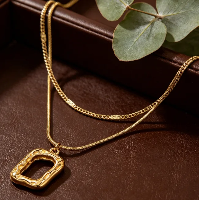 Wholesale Layered Square Pendant Stainless Steel Snake Chain Necklaces for Women Geometric Dainty Minimalist Boho Aesthetic