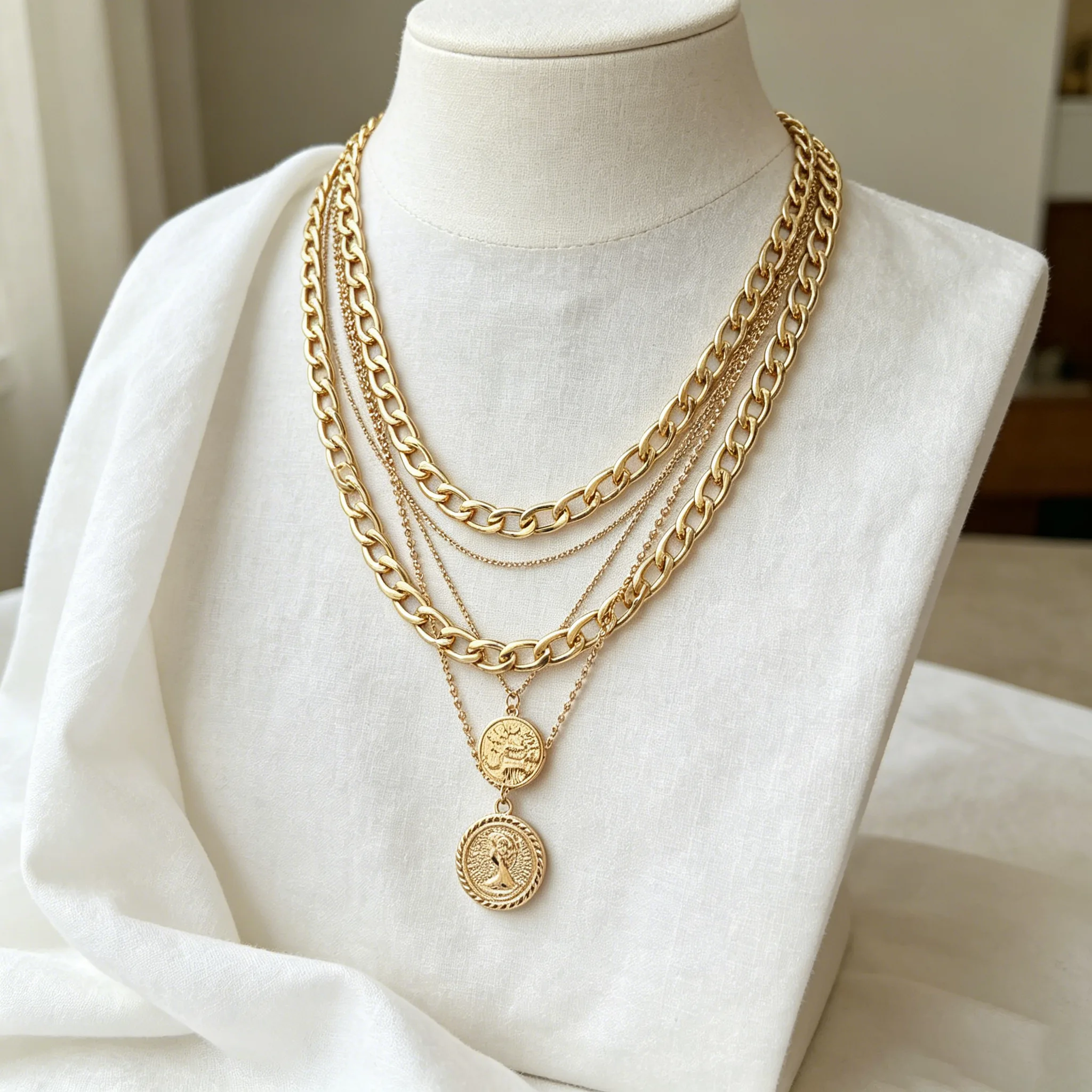 Multi Layer Chunky Figaro Chain Portrait Coin Pendant Necklaces Golden Bold Vintage Unique Stackable Women Statement Necklaces view 2