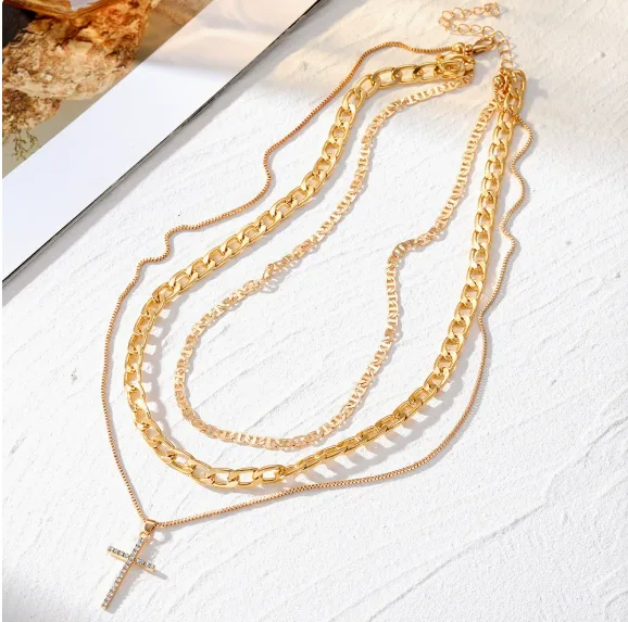 Women Three Layer Figaro Thin Chain Full Rhinestone Cross Pendant Necklaces Golden Cool Trendy Stackable Hip Hop Fashion jewelry view 3