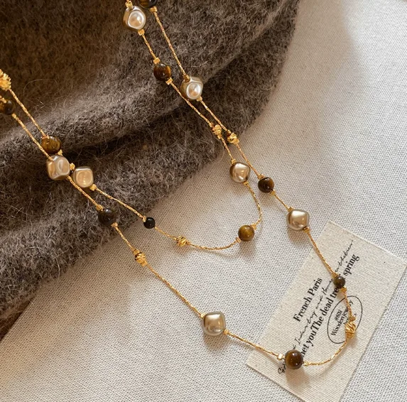 18K Gold Plated Irregular Imitation Pearl Tiger Eye Beaded Double Layer Long Sweater Chain Vintage Dainty Layering Women Elegant Necklaces