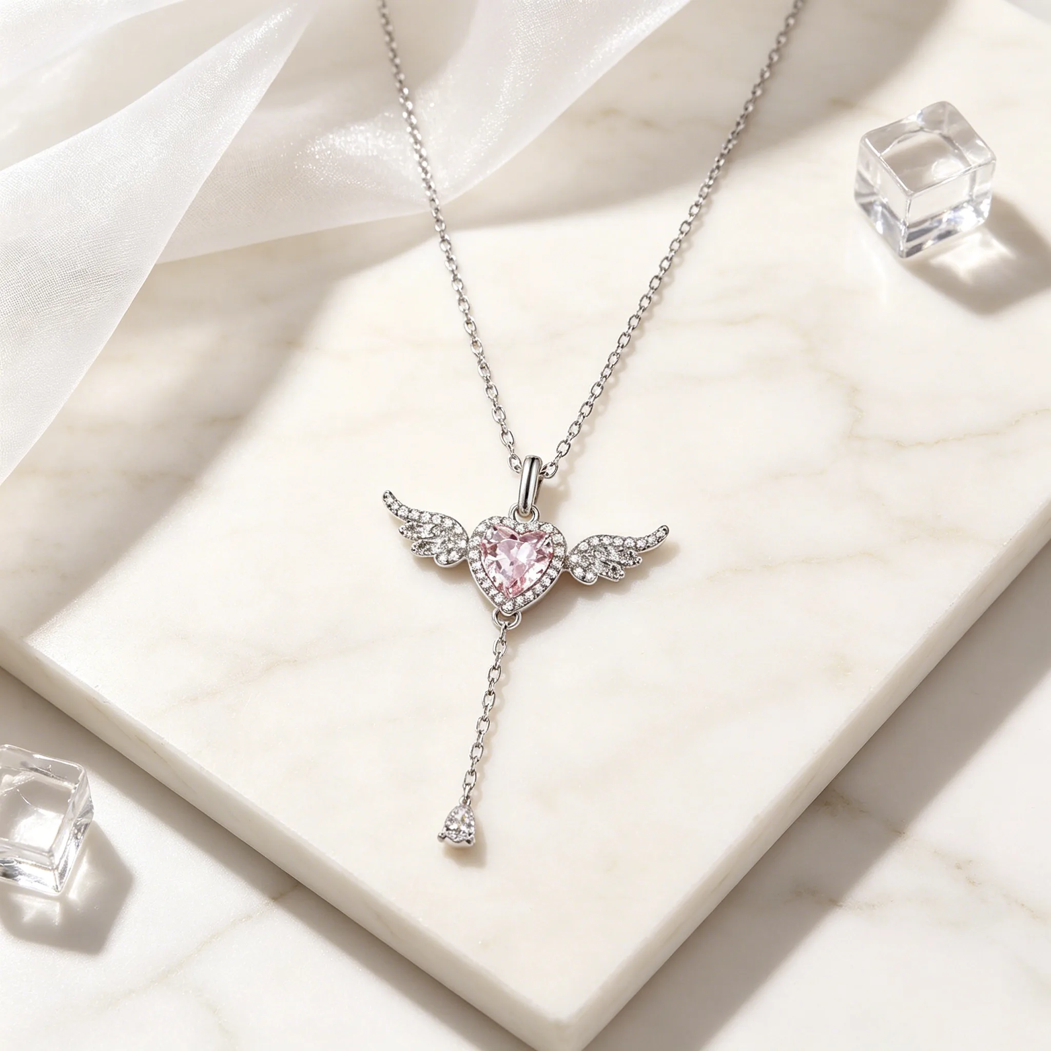 Sparkly Pink Zircon Winged Heart Tassel Pendant Thin Chain Necklaces Silver Tone Romantic Cute Dainty Dating Fashion Jewelry for Women