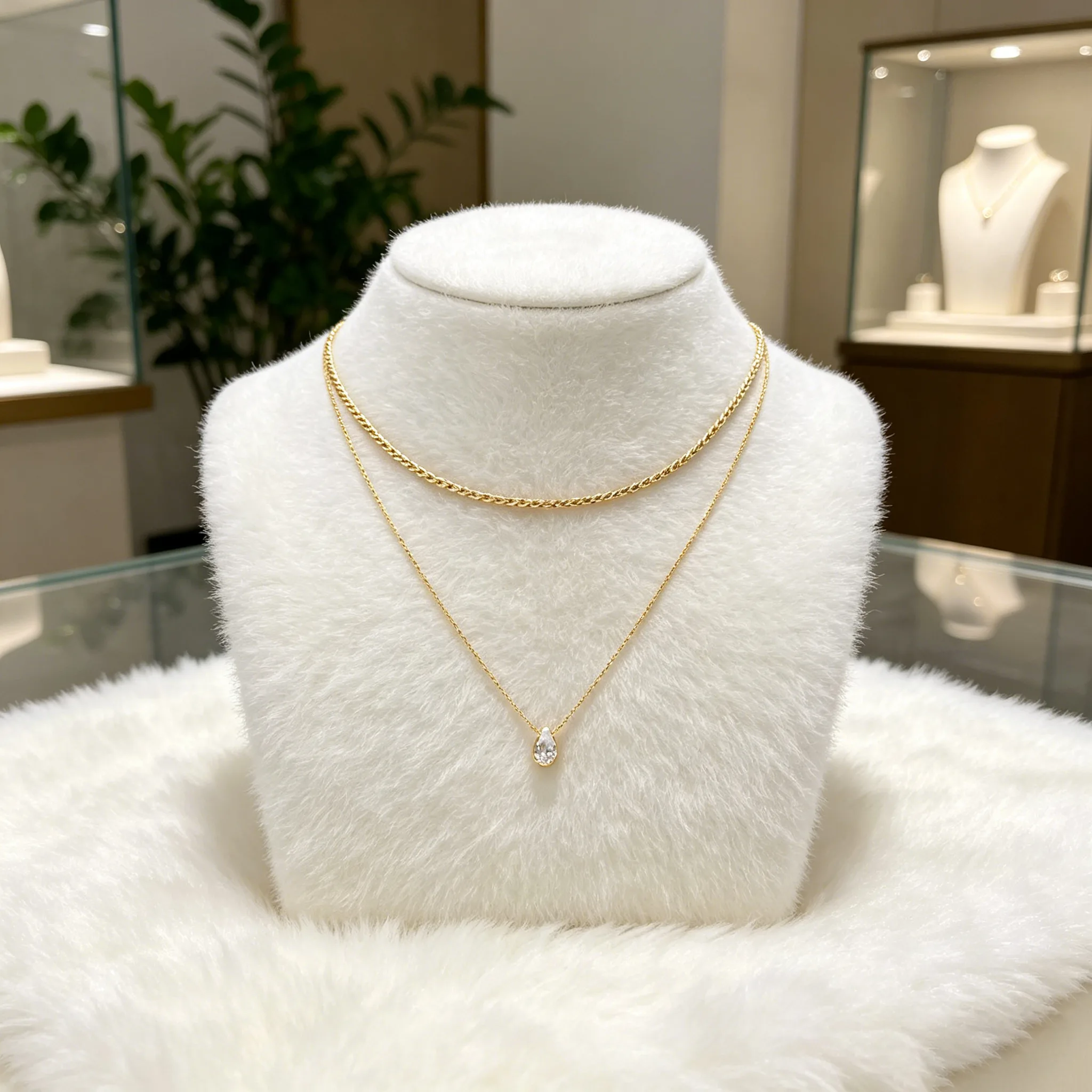 Double Layer Gold Tone Rope Chain Teardrop Cubic Zirconia Pendant Necklaces Minimalist Dainty Stackable Women Wedding Jewelry