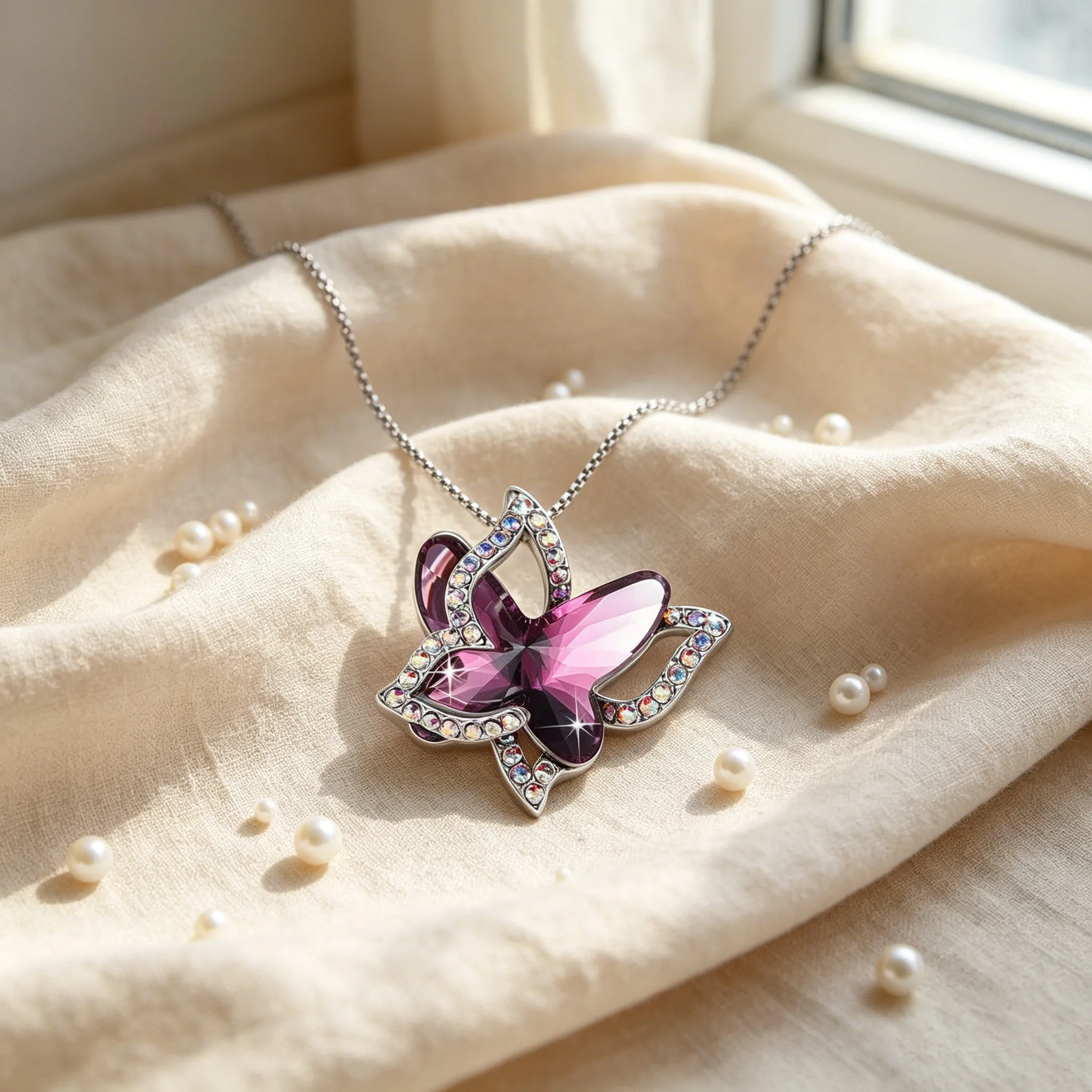Multi Color Birthstone Crystal Butterfly Pendant Necklaces Sparkly Rhinestone Hollow Animal Charm Dainty fancy jewelry for ladies Women Gift