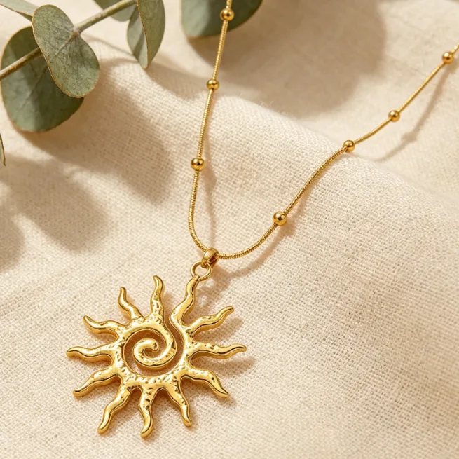 Spiral Sun Pendant Necklace Stainless Steel Snake Chain Necklaces for Women Boho Sunburst Vintage Statement Layered Jewelry