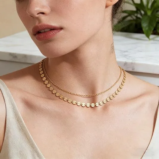 Anti-Fade 18K Gold Plated Hypoallergenic Stainless Steel jewelry Flat Disc Choker Dainty Minimal Multi Color Women Stackable Necklaces view 3