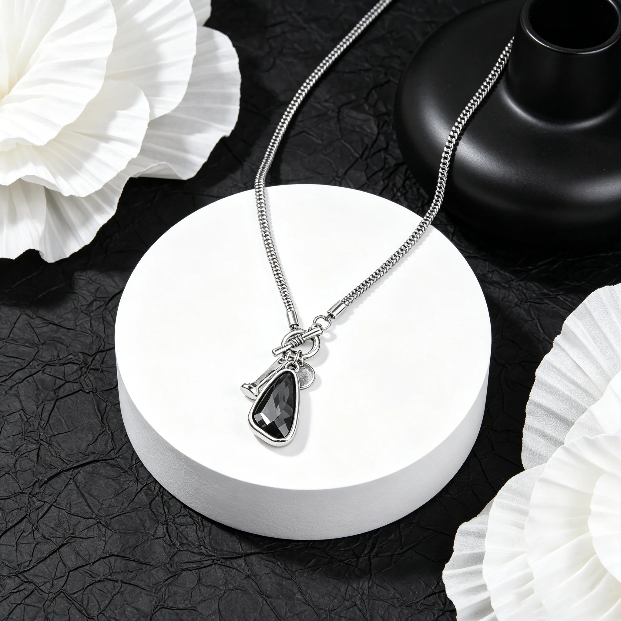 Teardrop Black Crystal Toggle OT Bar Pendant Adjustable Pull Snake Chain Silver Tone Minimal Cool Trendy Women Long Fashion Necklaces view 3
