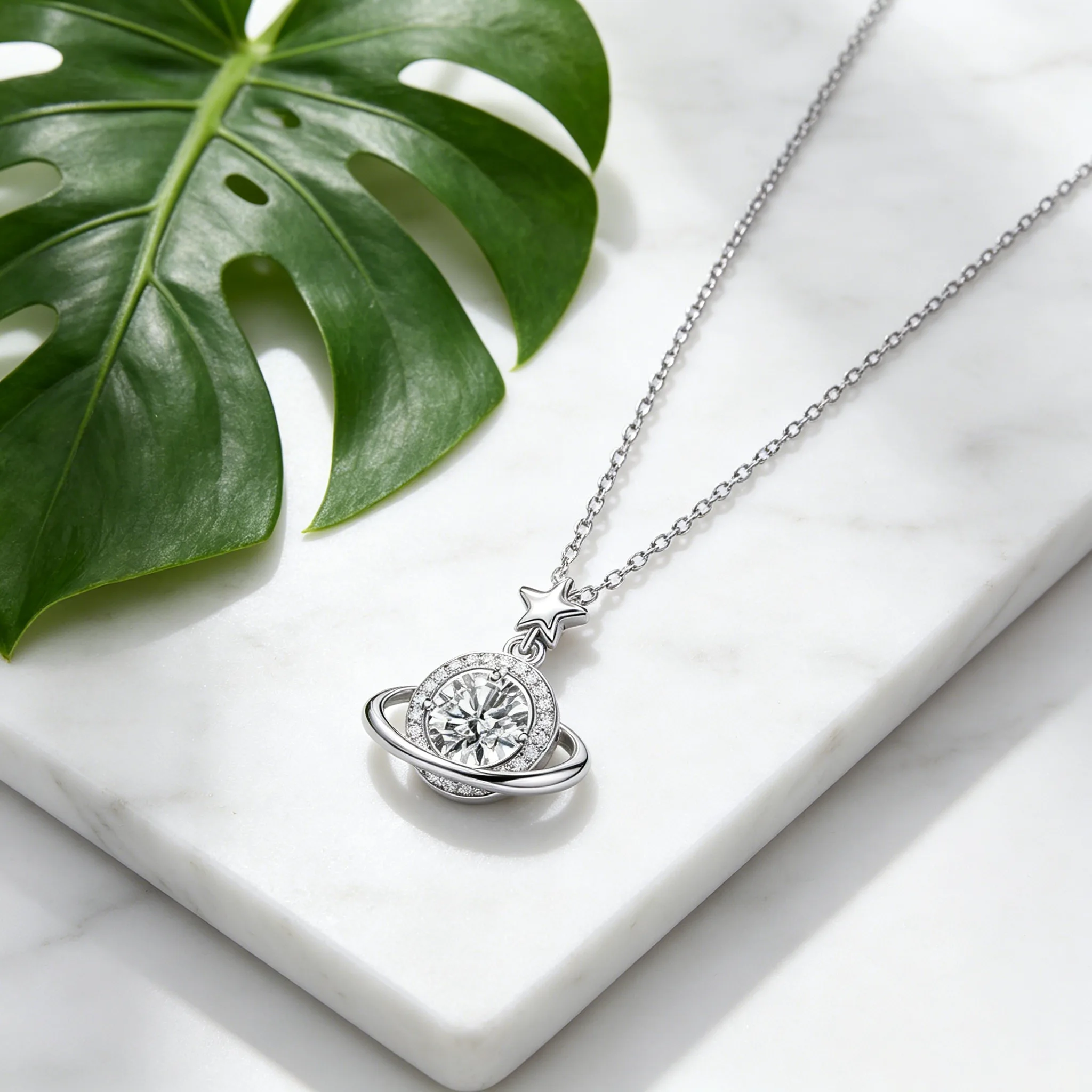 Waterproof Anti Tarnish Stainless Steel Sparkling Zircon Saturn Star Pendant Dainty Clavicle Necklaces Minimalist Chain Women Daily Jewelry