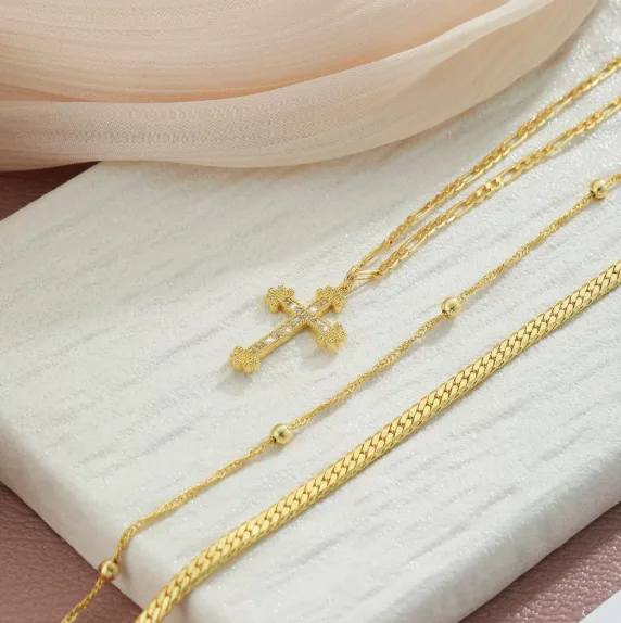 Anti-Tarnish Stainless Steel jewelry Multi Layer Figaro Snake Beaded Chain Zircon Cross Pendant Gold Tone Stackable Women Religious Necklaces view 2
