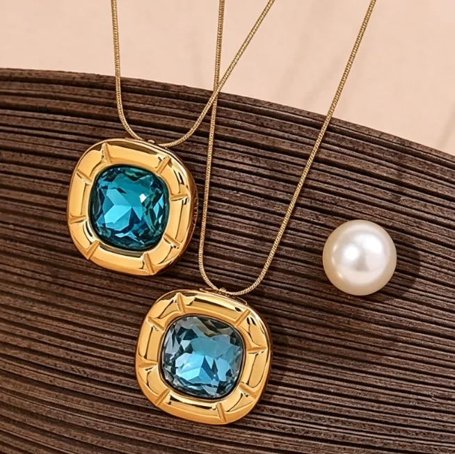 Square Blue Zircon Pendant Necklace 18K Gold Plated Stainless Steel Snake Chain Necklaces for Women Statement Trendy Jewelry
