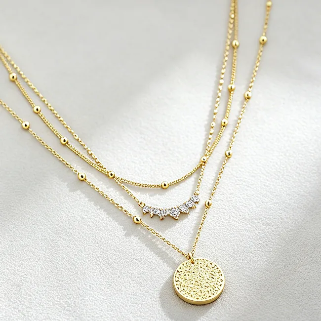 Layered Coin Pendant Beaded CZ Necklaces for Women Hammered Disc Dainty Minimalist Boho Statement Stacking Necklace view 2